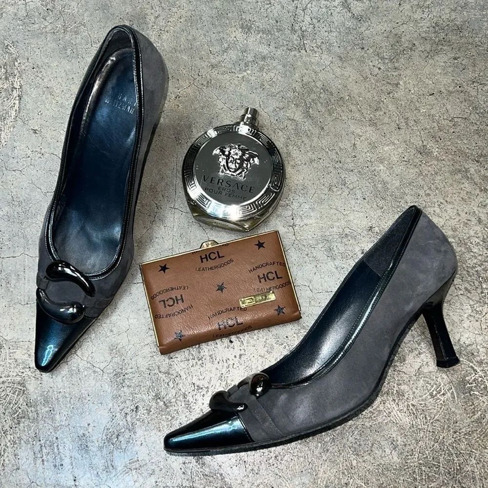 Stuart Weitzman,βcharcoal suede, and Patent pumps